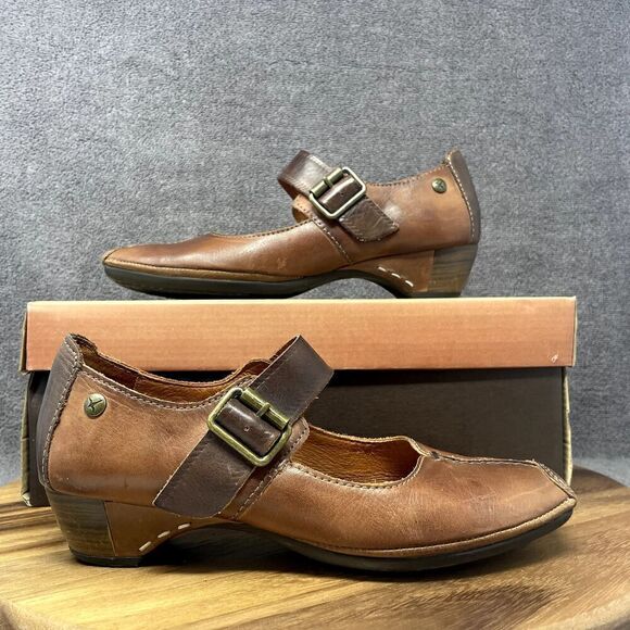 Pikolinos Gandia Square Toe Brown Two Tone Leather Mary Jane Low Heel Women's 37 - Picture 1 of 9